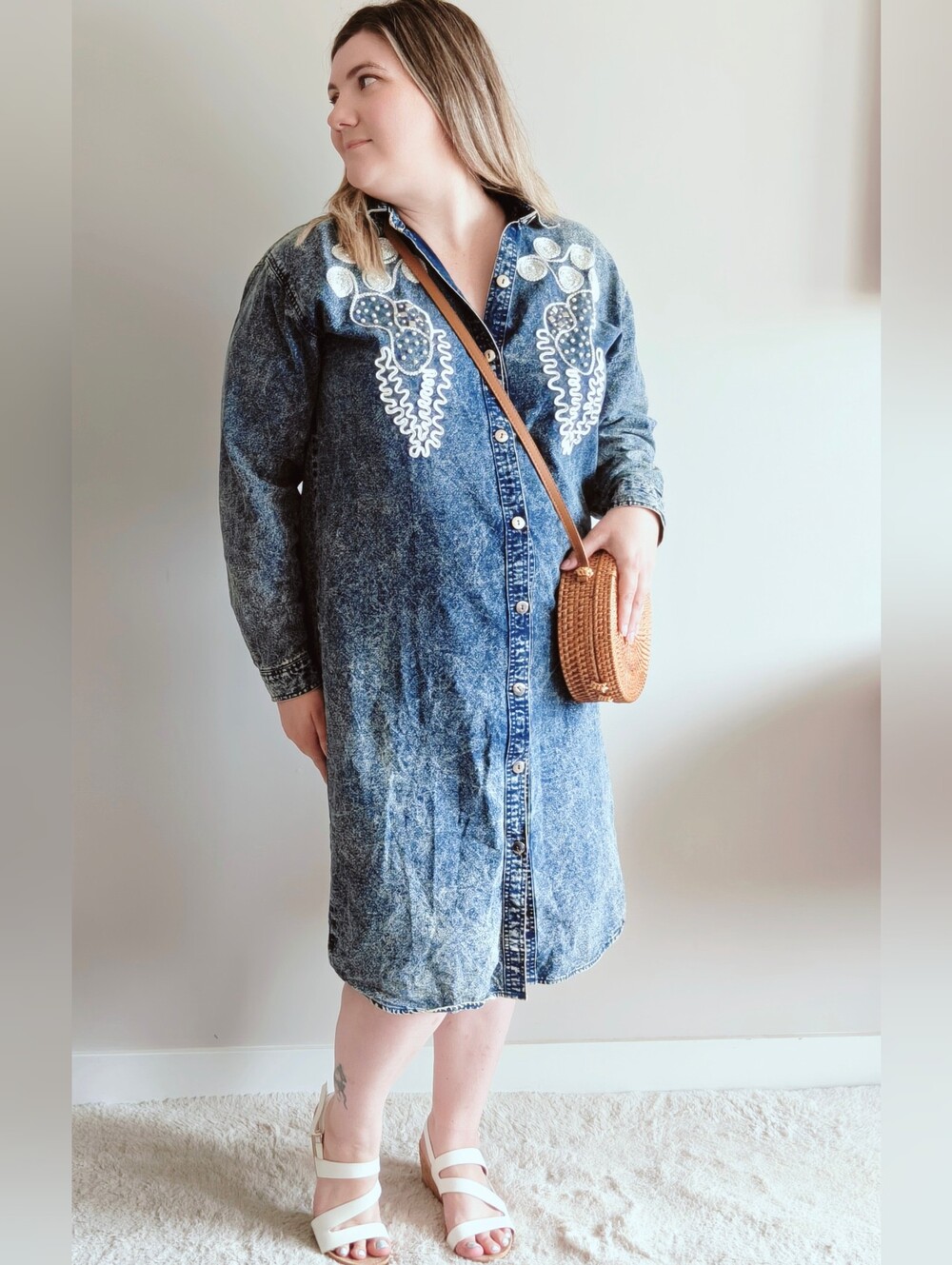Vintage Dolly Denim London Acid Wash Embellished Midi Shirt Dress Duster Coat M